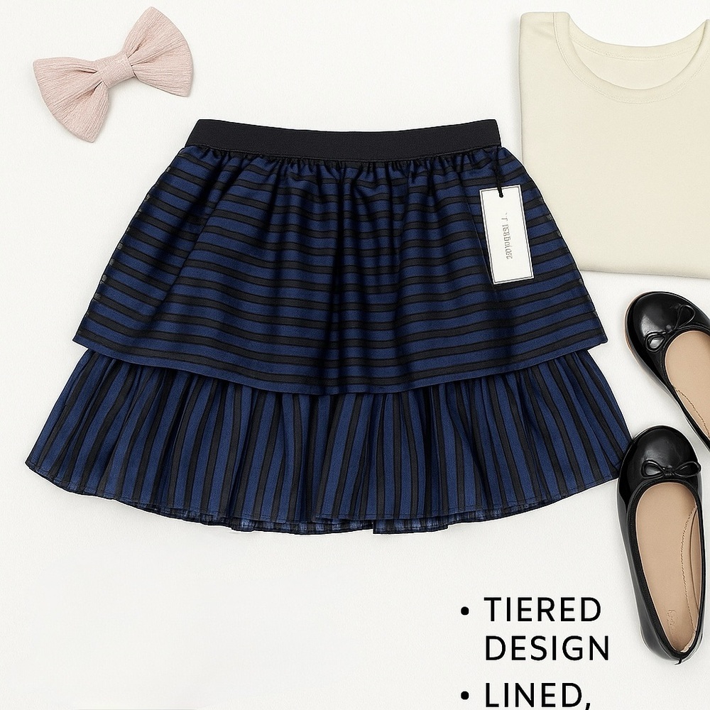 NWT Trussardi Navy Black Striped organza lamé tiered lined zipper junior skirt